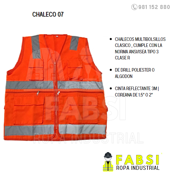 chaleco industrial fabsi sac (5) CHALECOS MULTIBOLSILLOS CLASICO , CUMPLE CON LA NORMA ANSI/ISEA TIPO 3 CLASE R DE DRILL POLIESTER O ALGODON CINTA REFLECTANTE 3M | COREANA DE 1.5" O 2"